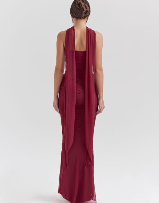 House of CB Cassidy fluted hem mesh maxi skirt in cabernet