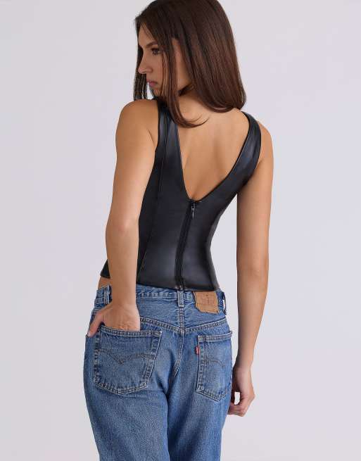 House of CB Catalina vegan leather v-neck top in black - BLACK