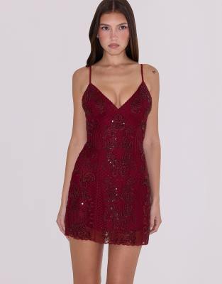 Catarina - Von Hand mit Perlen besticktes Minikleid in Weinrot Rot S Regular