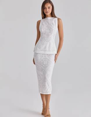 Cecilia - Jupe mi-longue en coton à broderie anglaise en dentelle placée - Blanc XL A-C Cup