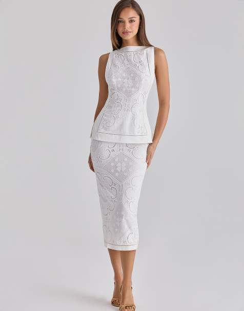 House of CB - Cecilia - Midi rok van katoen met broderie anglaise in wit - view 1