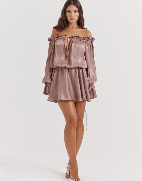 House of CB Chaya off shoulder dress in hazelnut