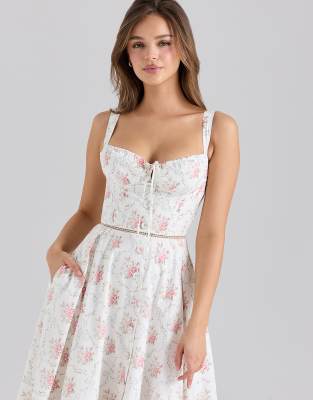 House of CB Chiarina cotton button front midi dress in rose print - view 1