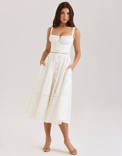 House of CB Chiarina cotton button front midi dress in white