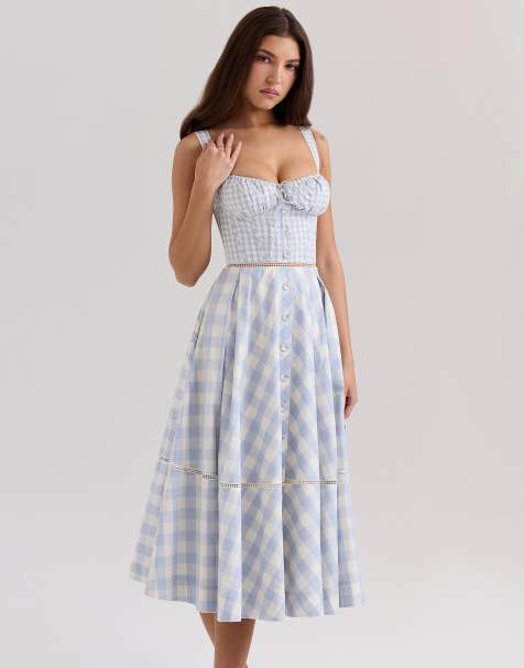 House of CB Chiarina gingham stretch cotton midi dress in light blue