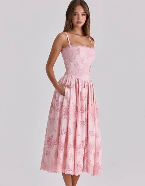 House of CB Chloe pink cotton broderie anglais lace midi sundress in pink