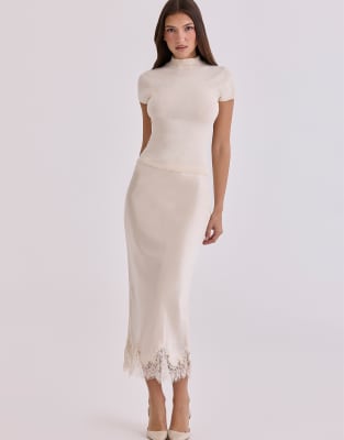 House of CB - Ciara - Jupe vintage mi-longue en satin et dentelle - Ivoire-Blanc