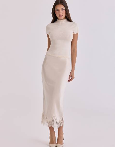 House of CB Ciara vintage ivory satin + lace midi skirt in vintage ivory - view 1