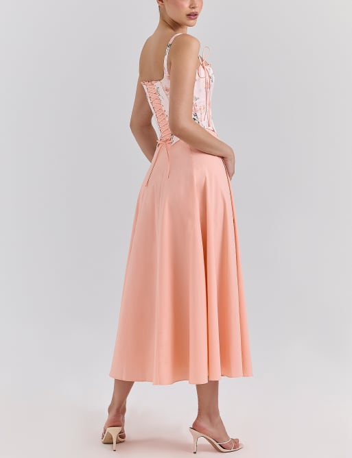clarabelle corset bodice pima cotton blend cocktail dress House of CB detachable midi sundress in peach Ygroup_amandalacetrimmaxidress maxi holiday party dress size:XXl and elastane