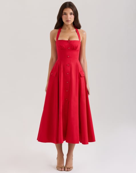House of CB Claudia stretch cotton button halter neck midi dress in red