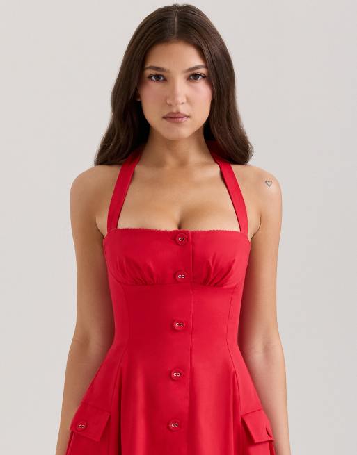 open lace back dress Red Halter Neck Mesh Midi Dress With Open Back main image 1
