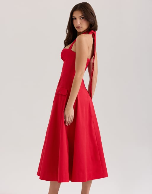House of CB Claudia stretch cotton button halter neck midi dress in red |  ASOS