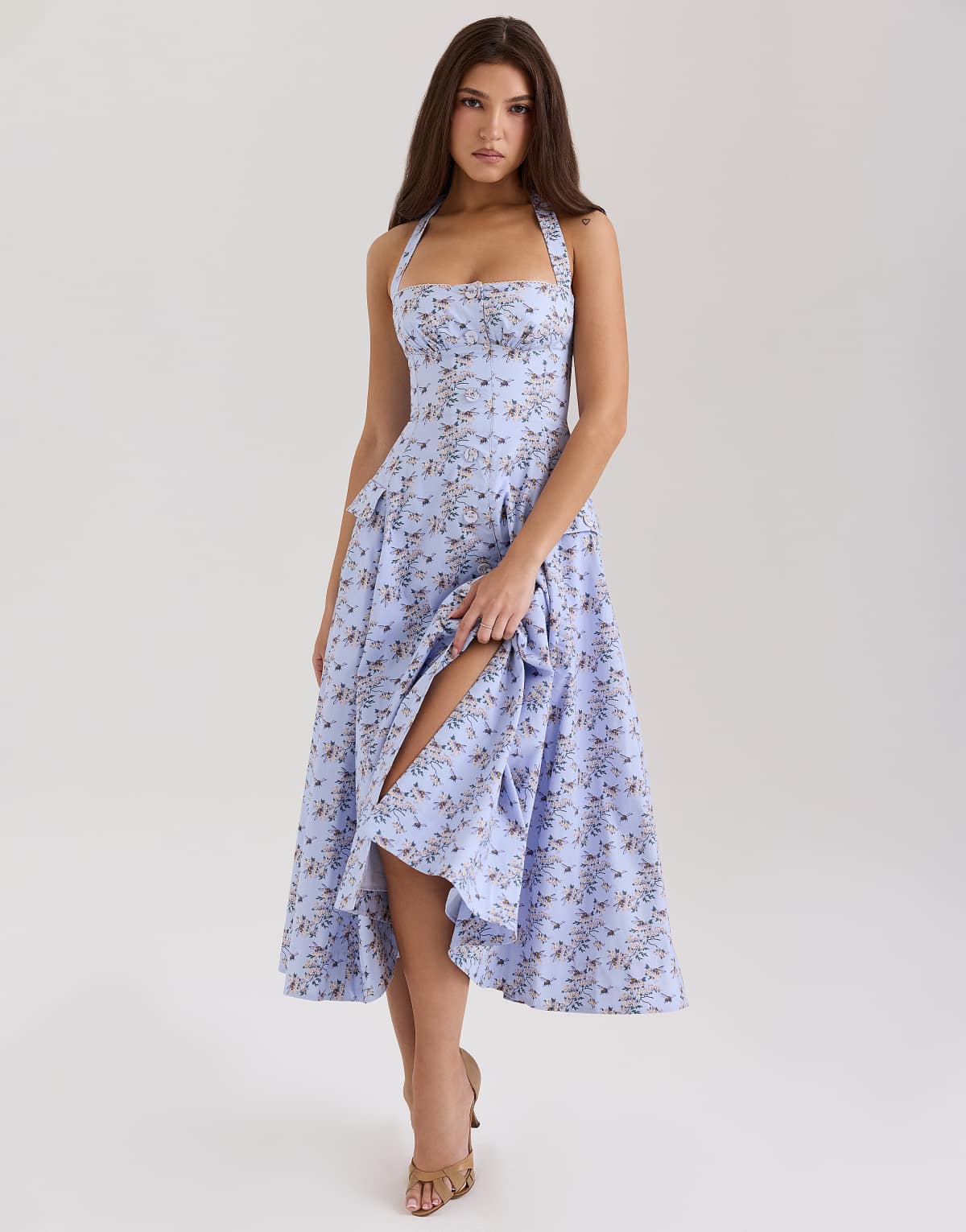 House of CB Claudia stretch cotton halter neck midi dress in blue floral print