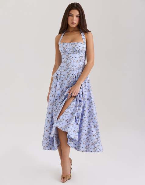 House of CB Claudia stretch cotton halter neck midi dress in blue floral print