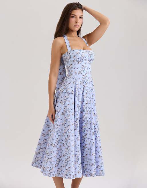 cotton on blue floral dress Ivory Blue Floral Botanical Print Premium Cotton Maxi Dress For Women –  Label Madhuri Thakkar main image 0