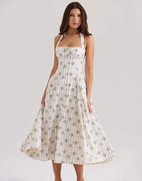 House of CB Claudia stretch cotton halter neck midi dress in cream daisy print