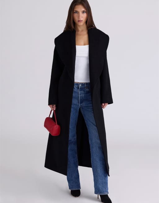 House of CB Cocoon black wool shawl collar coat in black