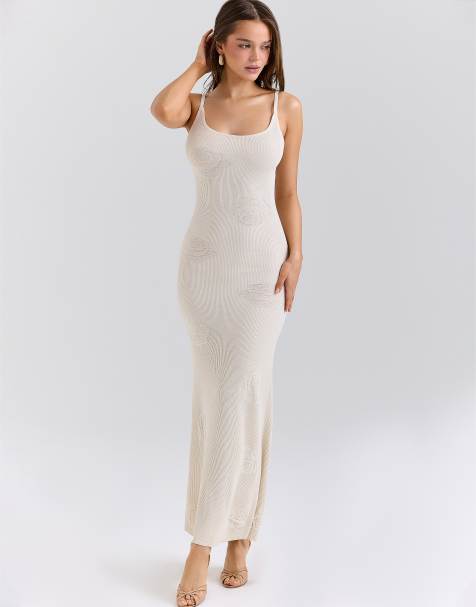 House of CB Dara ecru knit rose embroidered maxi dress in ecru
