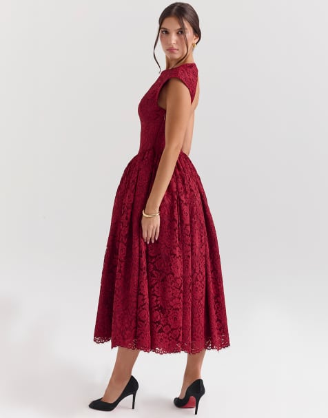 House of CB Debutante lace backless midi dress in berry