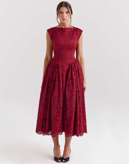 House of CB Debutante lace backless midi dress in berry | ASOS