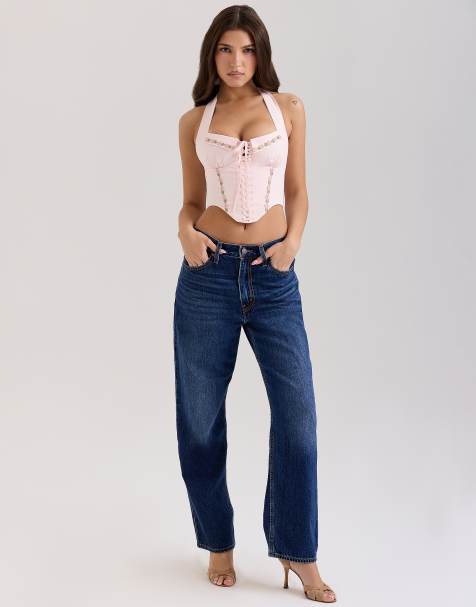 House of CB Demi embroidered stretch cotton corset top in pink floral - view 1