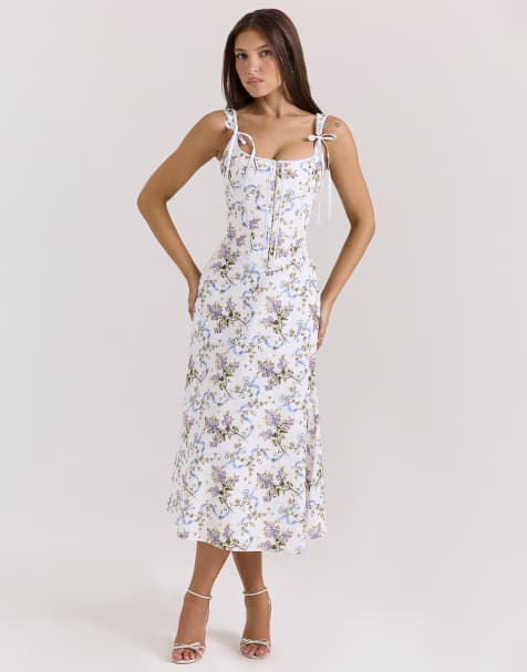 House of CB Dionne floral print cotton midi dress in off white