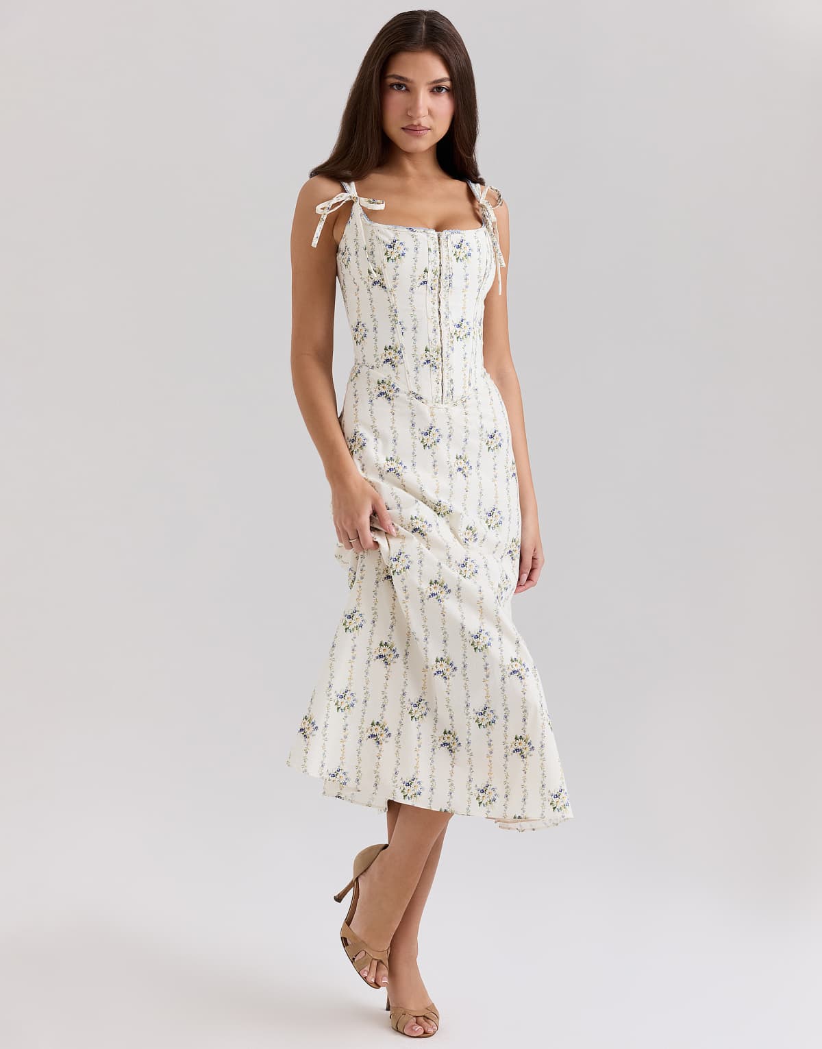 House of CB Dionne stretch cotton midi dress in cream daisy print
