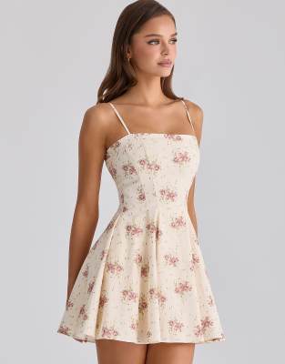 Dolly - Ausgestelltes Mini-Sommerkleid aus Baumwolle in Elfenbein mit Vintage-Rosenmuster-Weiß Weiß S Regular