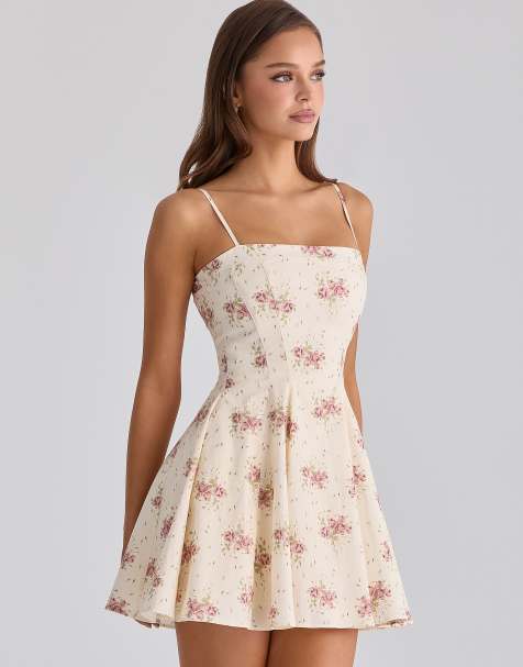 House of CB – Dolly – Ausgestelltes Mini-Sommerkleid aus Baumwolle in Elfenbein mit Vintage-Rosenmuster - view 1