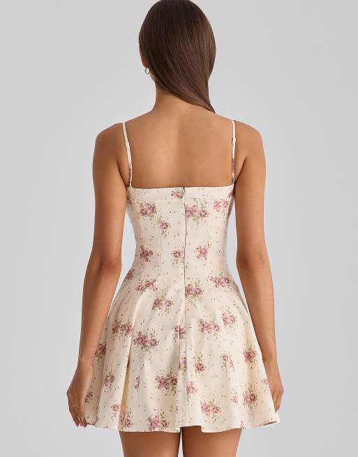House of CB Dolly ivory vintage rose print cotton flared mini sundress in  ivory vintage rose print | ASOS