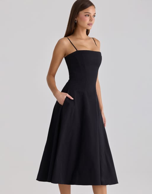 House of CB - Dolly - Prendisole midi svasato in cotone nero, 4 di 4