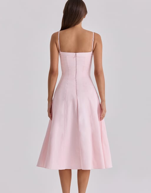 House of CB Dolly robe d'été midi évasée en satin de coton rose, 2 de 4