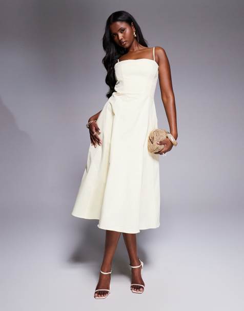 House of CB Dolly stretch cotton a-line midi sundress in lemon