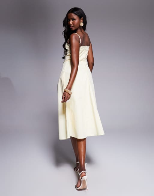House of CB Dolly stretch cotton a-line midi sundress in lemon | ASOS