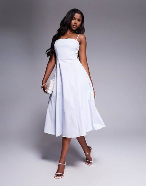 House of CB Dolly stretch cotton a-line midi sundress in soft blue - view 1