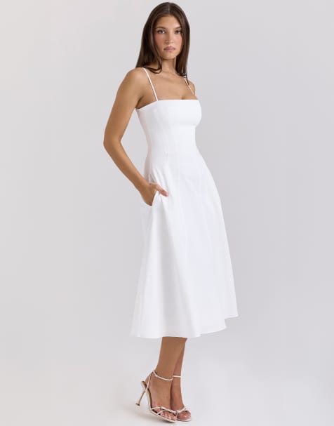 House of CB Dolly stretch cotton a-line midi sundress in white