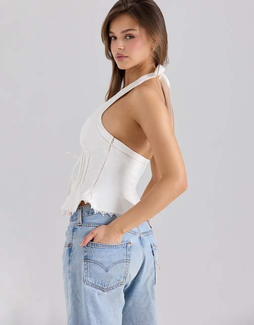 House of CB Elana stretch cotton halter neck corset top in white