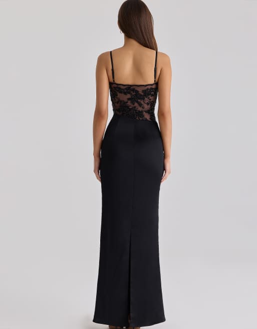 House of CB Eliette abito maxi nero in pizzo e raso decorato, 2 di 4