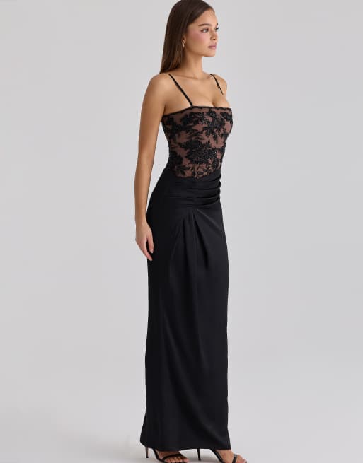 House of CB Eliette abito maxi nero in pizzo e raso decorato, 3 di 4