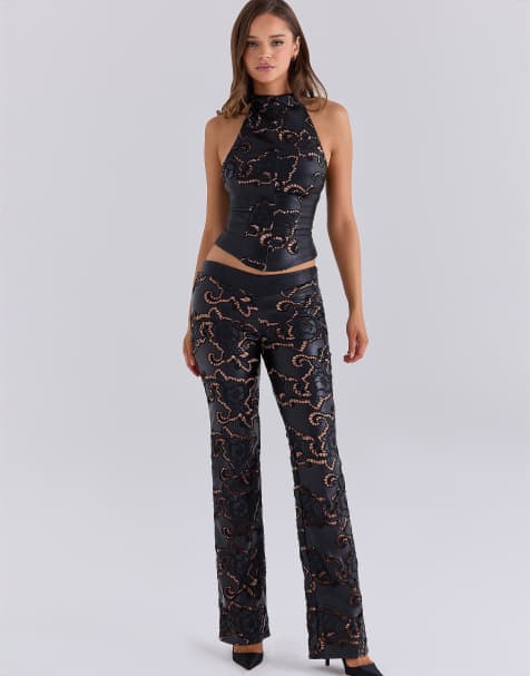 House of CB Elina schwarze bestickte Bootcut-Hose aus Lederimitat - view 1