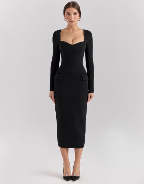 House of CB Ella stretch crepe long sleeve midi dress in black