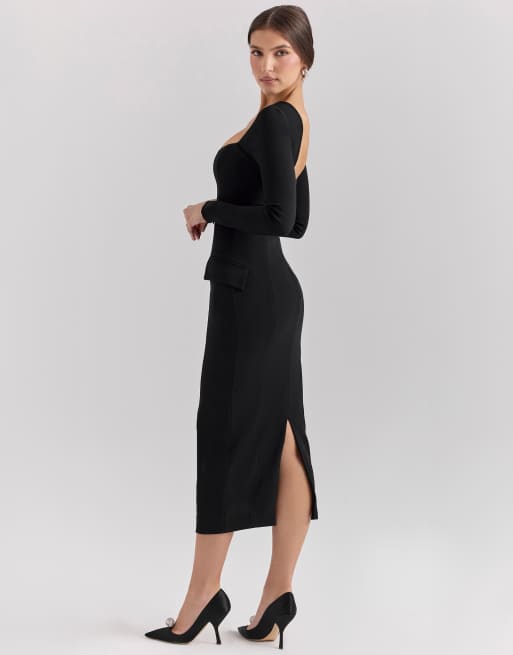 house of cb ella dress black stretch crepe long sleeve midi in Color:English Violet The Regular Cup option type:active Lovely Black Dress -