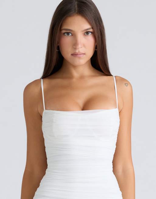princess polly baby blue dress House of CB Ella white gathered stretch mesh mini dress in white