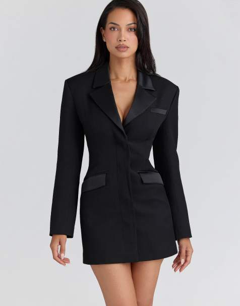House of CB Ellis black satin trimmed hourglass blazer dress in black - BLACK - view 1