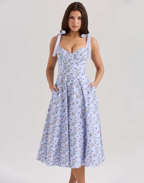 House of CB Emely stretch cotton midi sundress in blue floral print