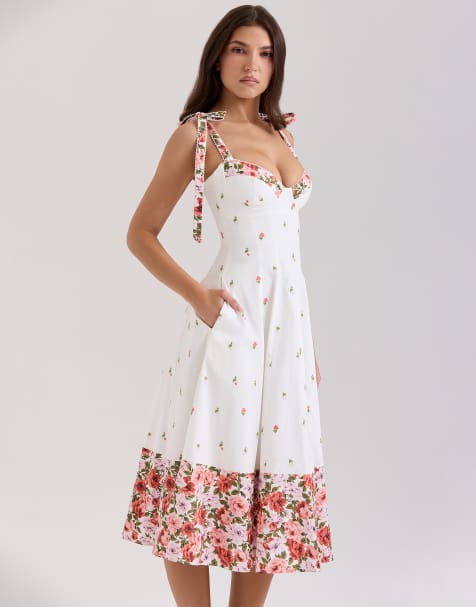 House of CB Emely stretch cotton midi sundress in white floral print - WHITE - view 1