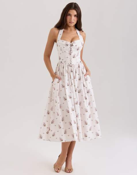 House of CB Emilia stretch cotton halter neck midi dress in cream floral print