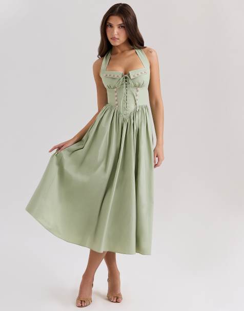 House of CB Emilia stretch cotton halter neck midi dress in sage