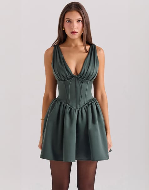 House of CB Emmeliette satin mini dress in emerald green - view 1