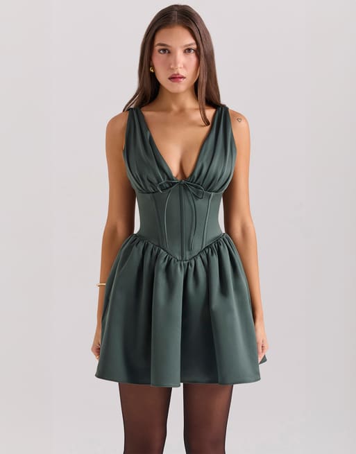 House of CB Emmeliette satin mini dress in emerald green